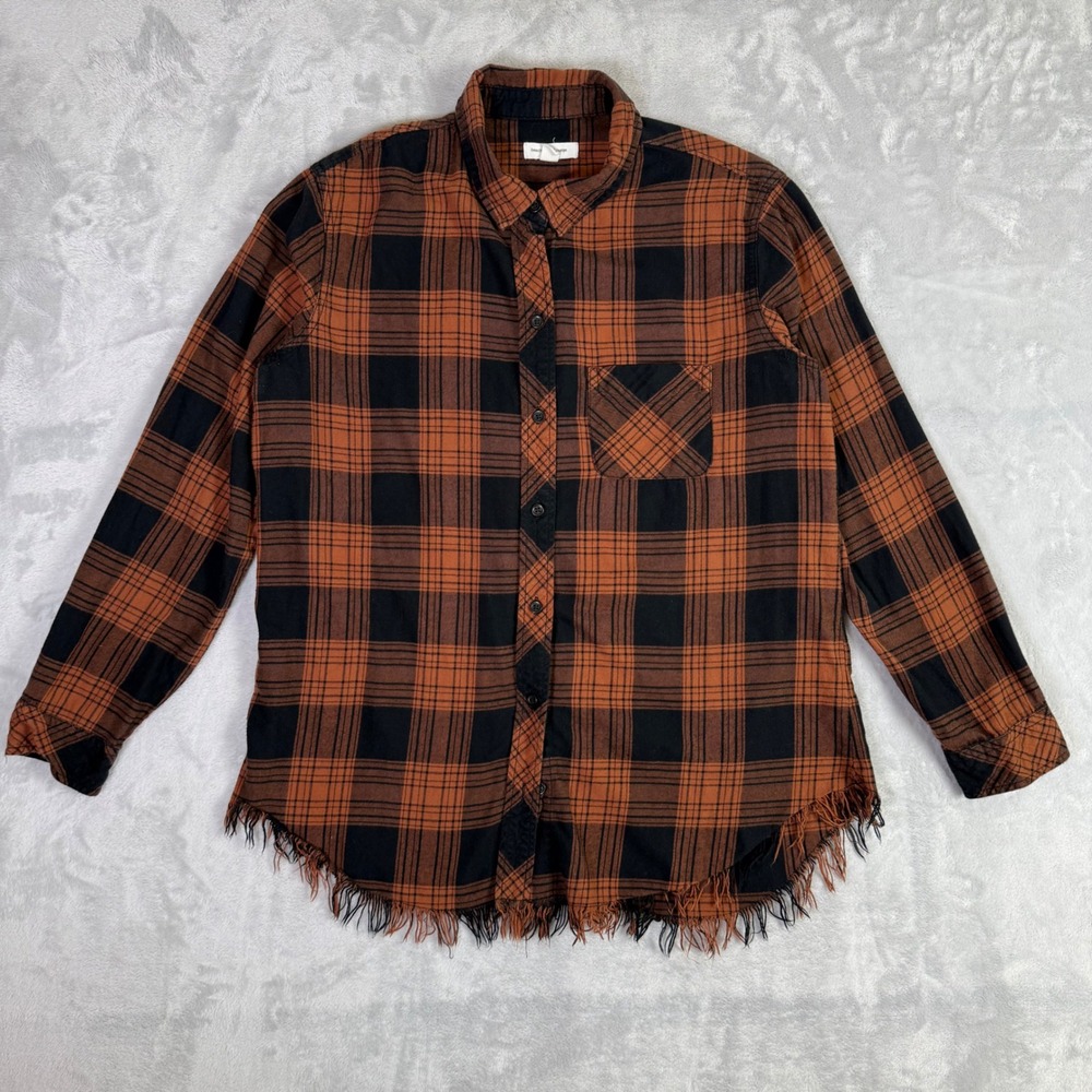 Beachlunchlounge Button Down Women Large Orange Black Plaid Frayed Hem Shirt